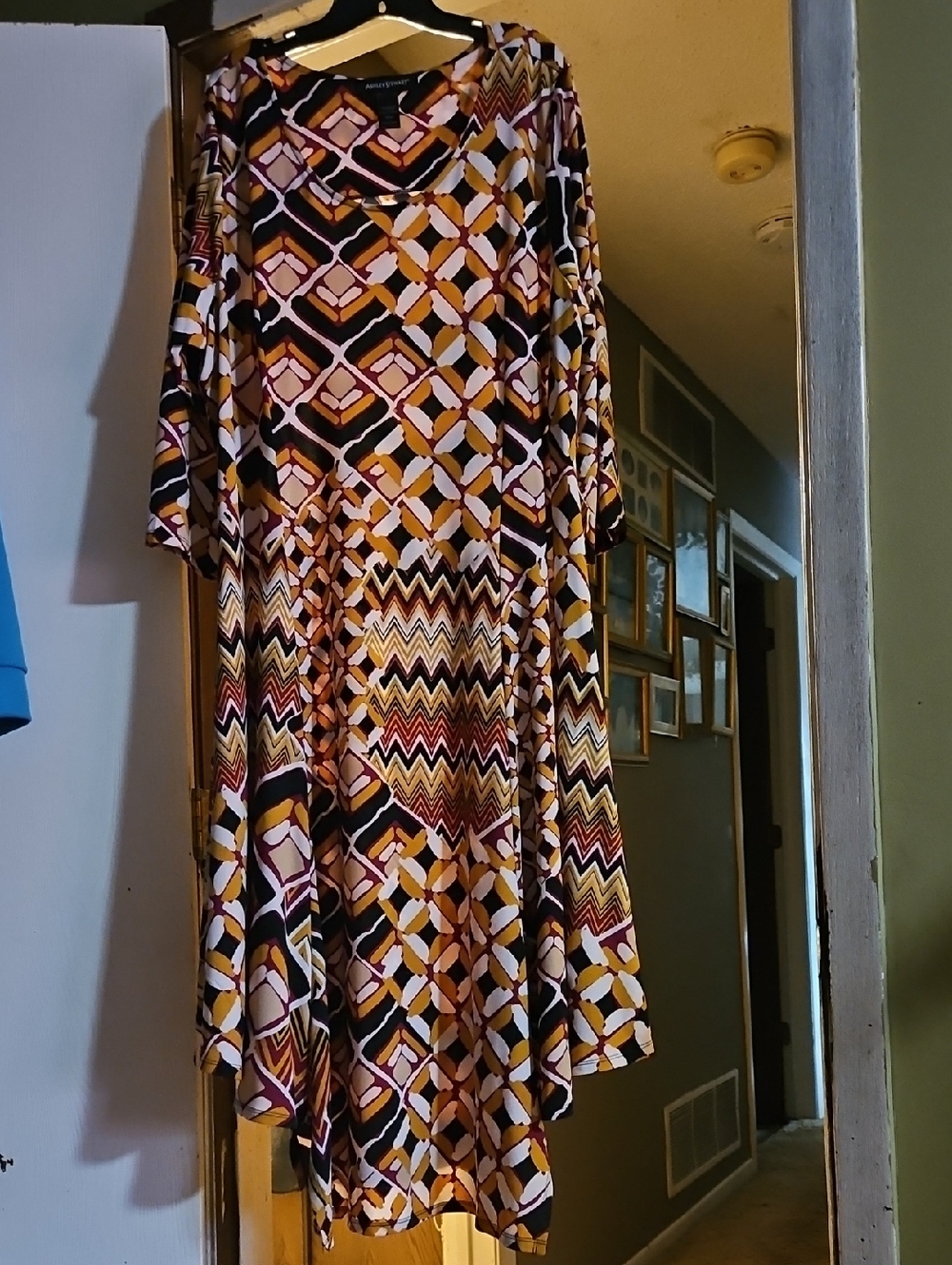 Ashley Stewart Geometric Print Midi Dress in Mustard, Black & Burgundy